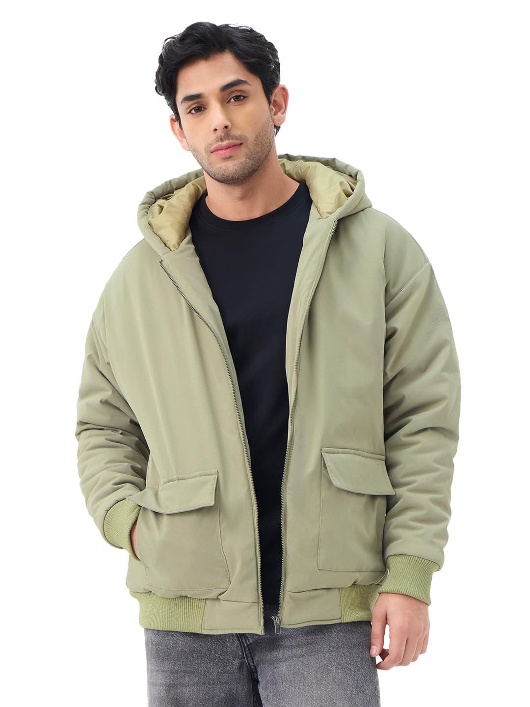 The Souled Store Oversized Jacket: Hunter Men and Boys Full Sleeves Hooded Neck Zipper Front Green Solid Polyester Lightweight Winter Oversized Fit Puffer Jacket