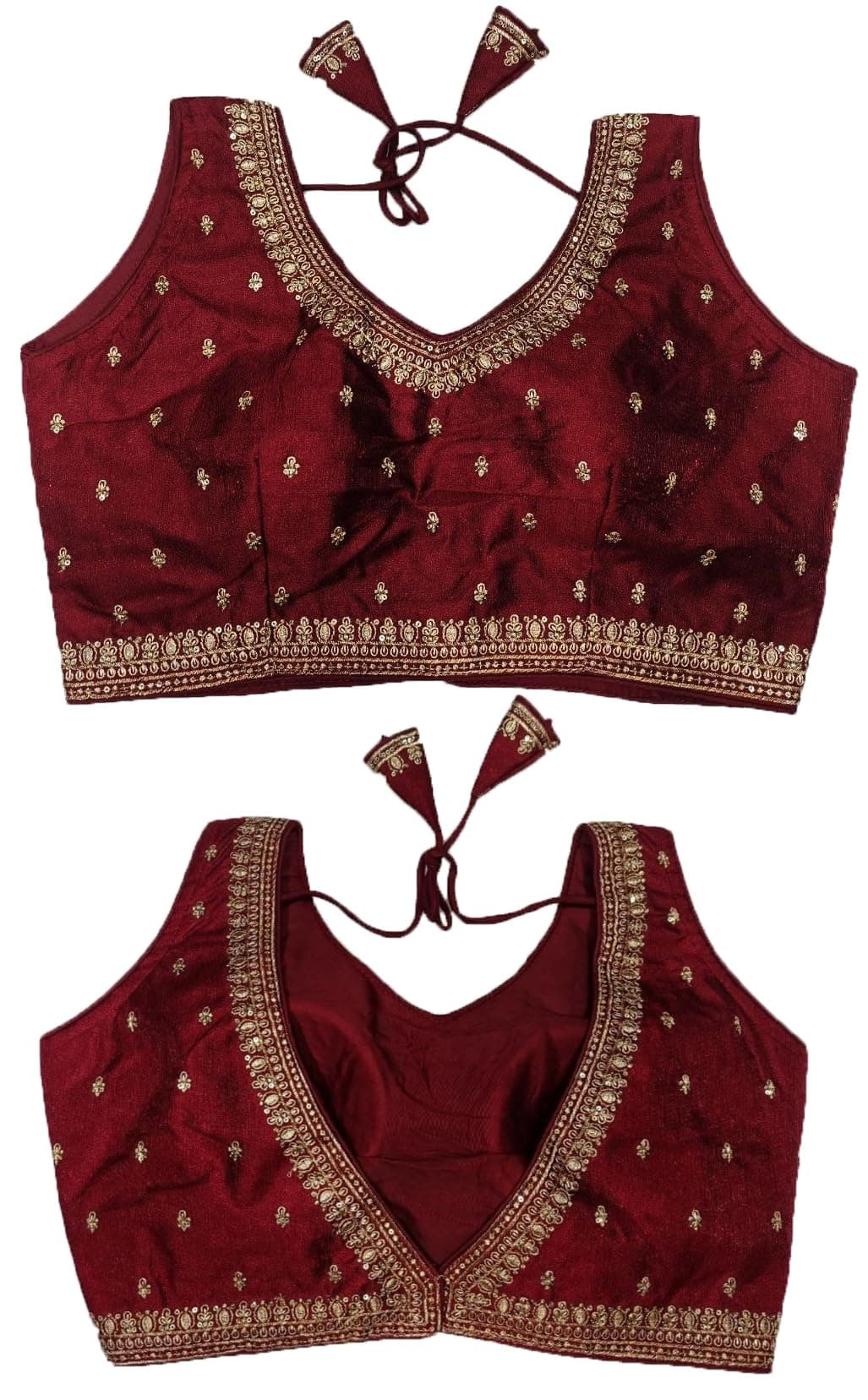 Pujia Mills Women's Indian Ethnic Wear Designer Golden zari Embroidery with Sequence Work V Neck Sleeveless Readymade Worked Saree Blouse for Party (Maroon, 34)