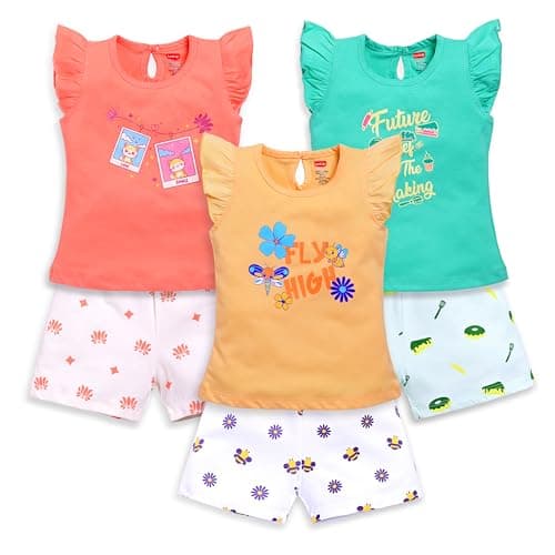 Luvlap Girls 100% Cotton Printed Regular Fit Half Sleeves Top Cosets Pack Of 3, Desert Flower, Pastel Green & Mango, M (3 To 6 Months)