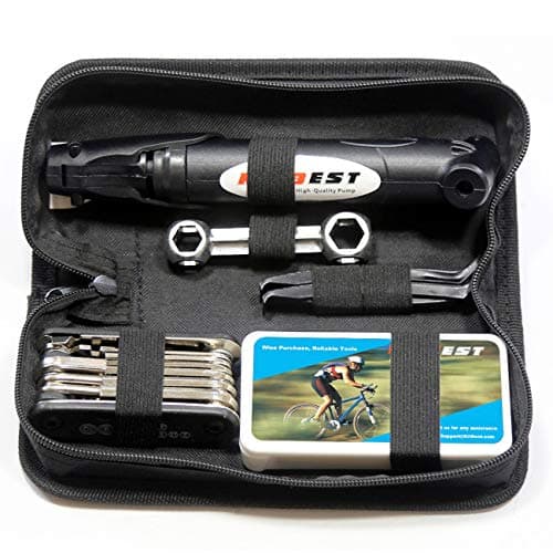 Bike Repair Tool, Portable Bicycle Repair Bag with Tire Pump, Bike Tool Kit for Camping Travel, 16-in-1 Bike Multitool, Patches, Inflator, Maintenance Essentials All in One Safety Kit