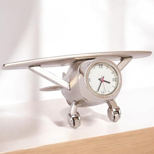 PUREjoy Aeroplane Miniature Analog Table Clock|Stylish Alloy Desk Clock with Roman Numerals,Rotating Wheels,and Silver Finish for Office,Home Décor,Paperweight,and Corporate Gifting,9 cm,7 cm