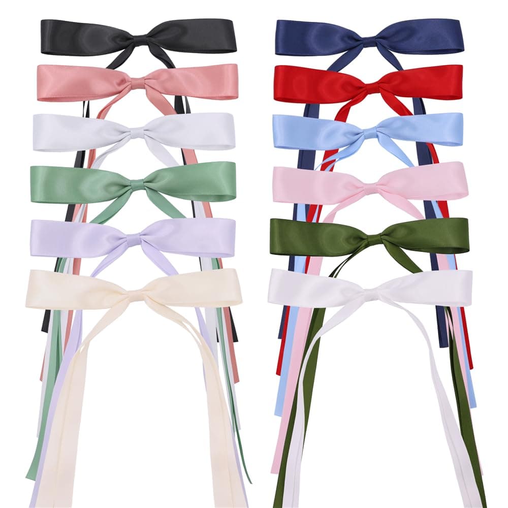 12 PCS Long Tail Ribbons Hair Clips for Women Young Girls Elegance Satin Ribbon Bow Hair Barrettes Accessories