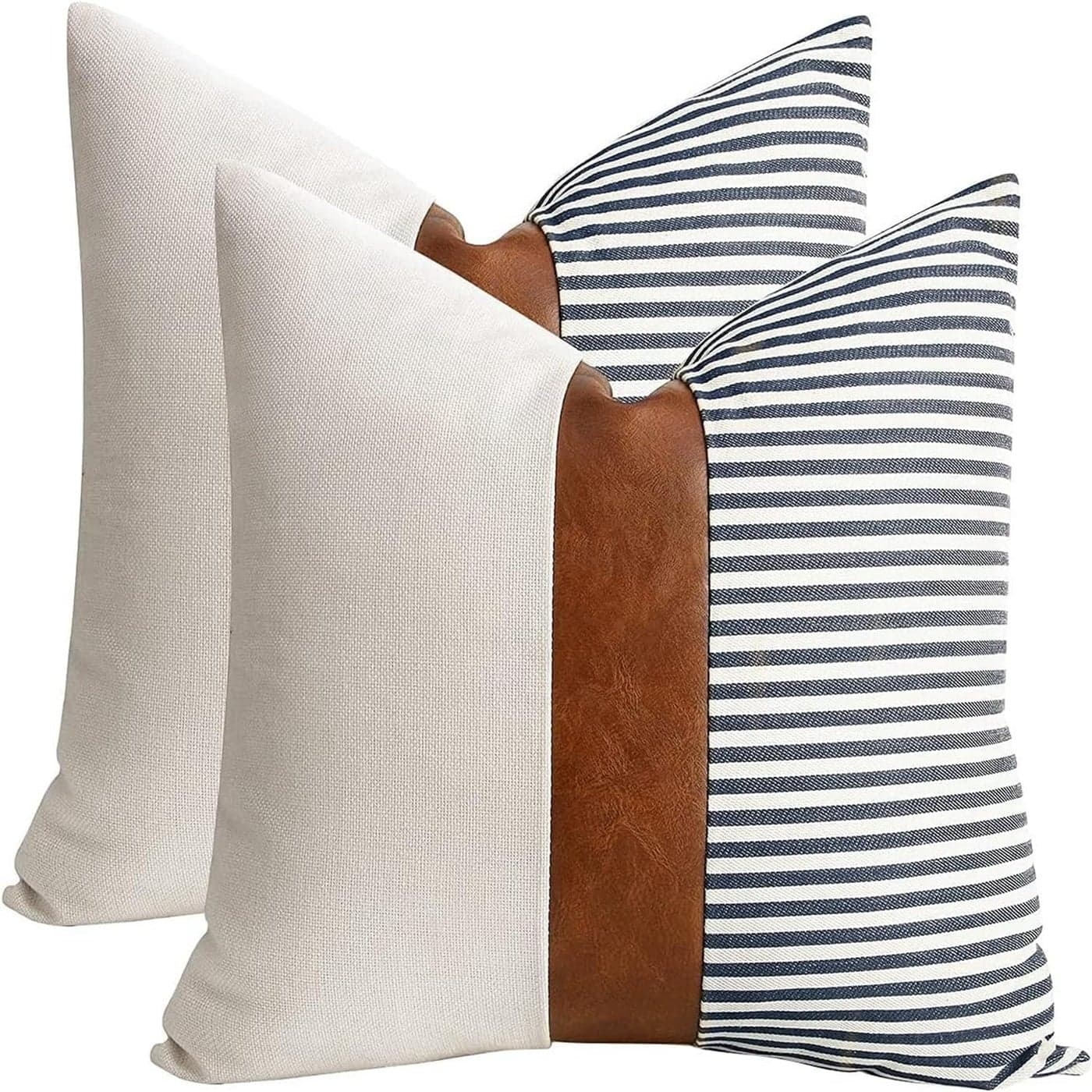 TOMWISH Decorative Throw Pillowcovers 18X18 Set of 2 Modern White and Navy Blue Striped Brown Artificial Leather Linen Patchwork Cushion Cover for Bed Bedroom Sofa