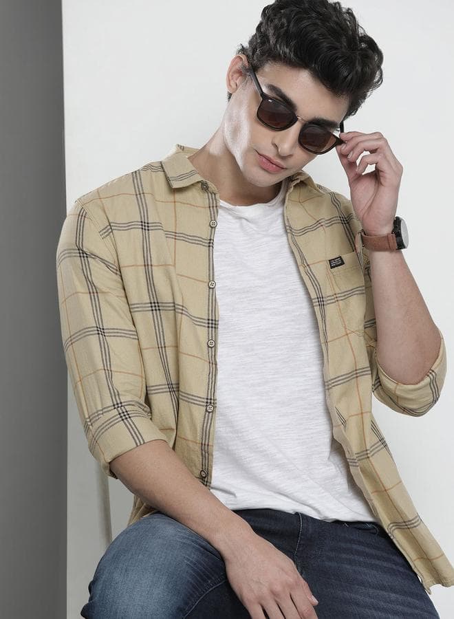 Men Beige Checked Casual Shirt