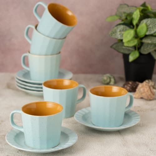 Clay Craft Fine Ceramic Armada Blue & Yellow Cups & Saucer, Set of 12, Cups for Tea & Coffee, Gift Set, Elegant Design for Home and Kitchen and Can Be Gifted to Your Loved Ones On Any Occassions