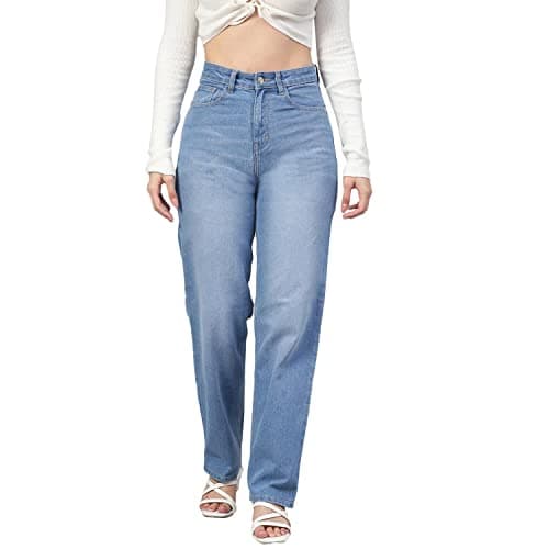 KOTTY Women's High Rise Cotton Lycra Blend Ankle Length Relaxed Fit Jeans Light Blue