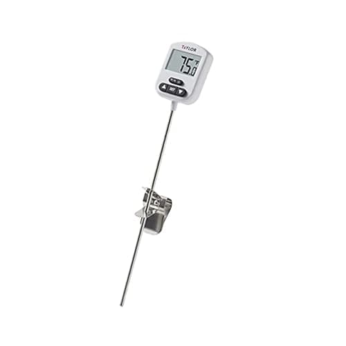 Taylor Programmable Digital Candy and Deep Fry Thermometer with Green Light Alert Display, Long Stem, and Adjustable Pan Clip, White