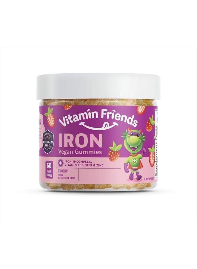 Vegan Multivitamin & Iron for Kids - Daily Nutritional Support Gummies w/Ferrous Fumarate B-Complex, Vitamin C, Zinc, Biotin - Body Function & Anemia - Strawberry, (60 Day Supply)