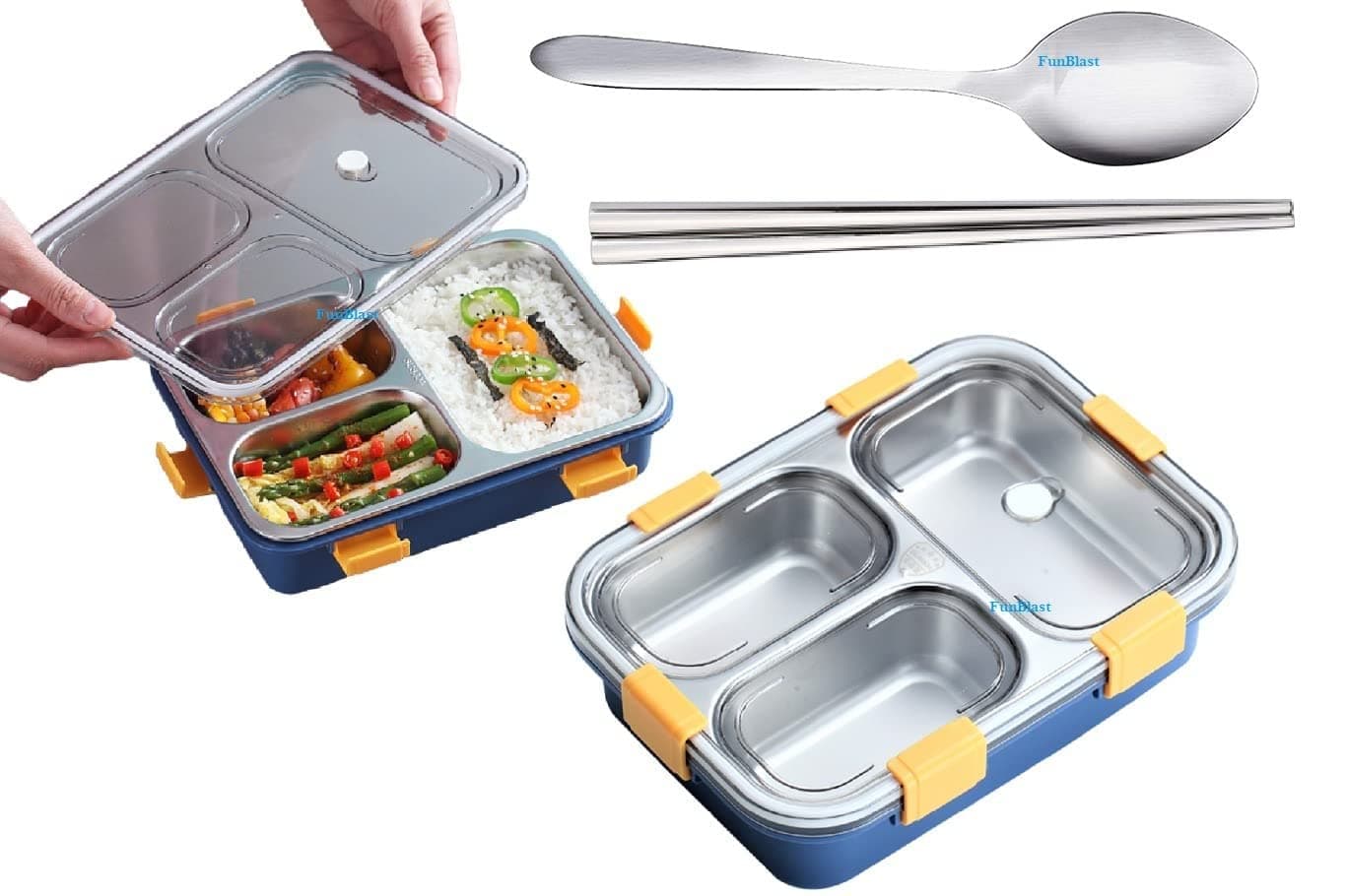 FunBlast Stainless Steel Lunch Box – Bento Tiffin Box with Spoon & Fork for Kids, Office Lunch Box for Women & Men (Blue) - Not Leak-Proof – for Dry Foods Only
