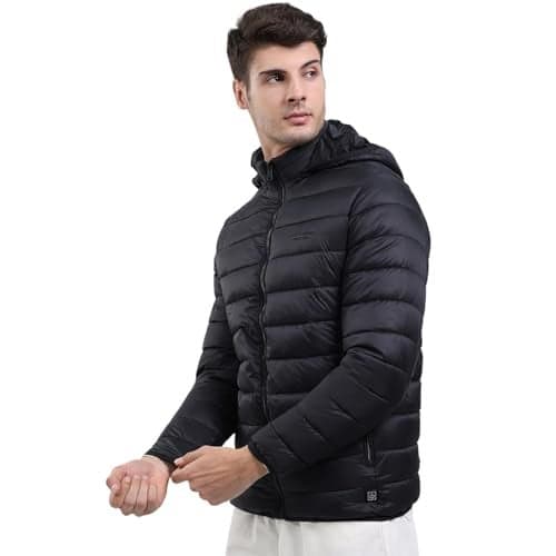 Monte Carlo Men Regular Fit Solid Hooded Neck Side Pocket Zipper Closure Winter Jacket | Heated Full Sleeves Puffer Jacket | Winter Wear For Men Black XXL P1