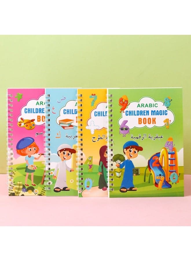 4PCS Arabic Calligraphy Copybook Set | Kids Grooved Writing Practice Book | Preschool Hard Pen Writing Pad | Magic Reusable Writing Book | Includes Alphabet/Numbers/Addition & Subtraction/Drawing | 10 Erasable Pens + Pencil Grip | 3D Grooves Enhance Memory | Clear Printing | Early Education Essentia