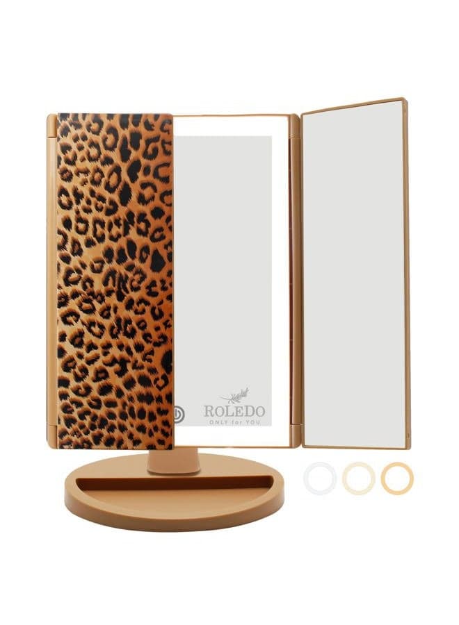 RoLeDo 3 Folds Lighted Vanity Makeup Mirror, 2X/3X Magnification, 72 LED Lights Desk Mirror with Touch Screen 3 Color Lighting, Portable Cosmetic Mirror, Gifts for Women, Teen Girls, Leopard Print