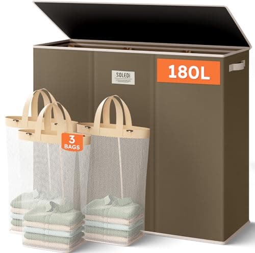 SOLEDI 180L 3-Section Laundry Hamper with Lid, Extra Large Dirty Clothes Basket with Sturdy Handles for Laundry Room & Bedroom - Durable Organizer for Sorting Laundry