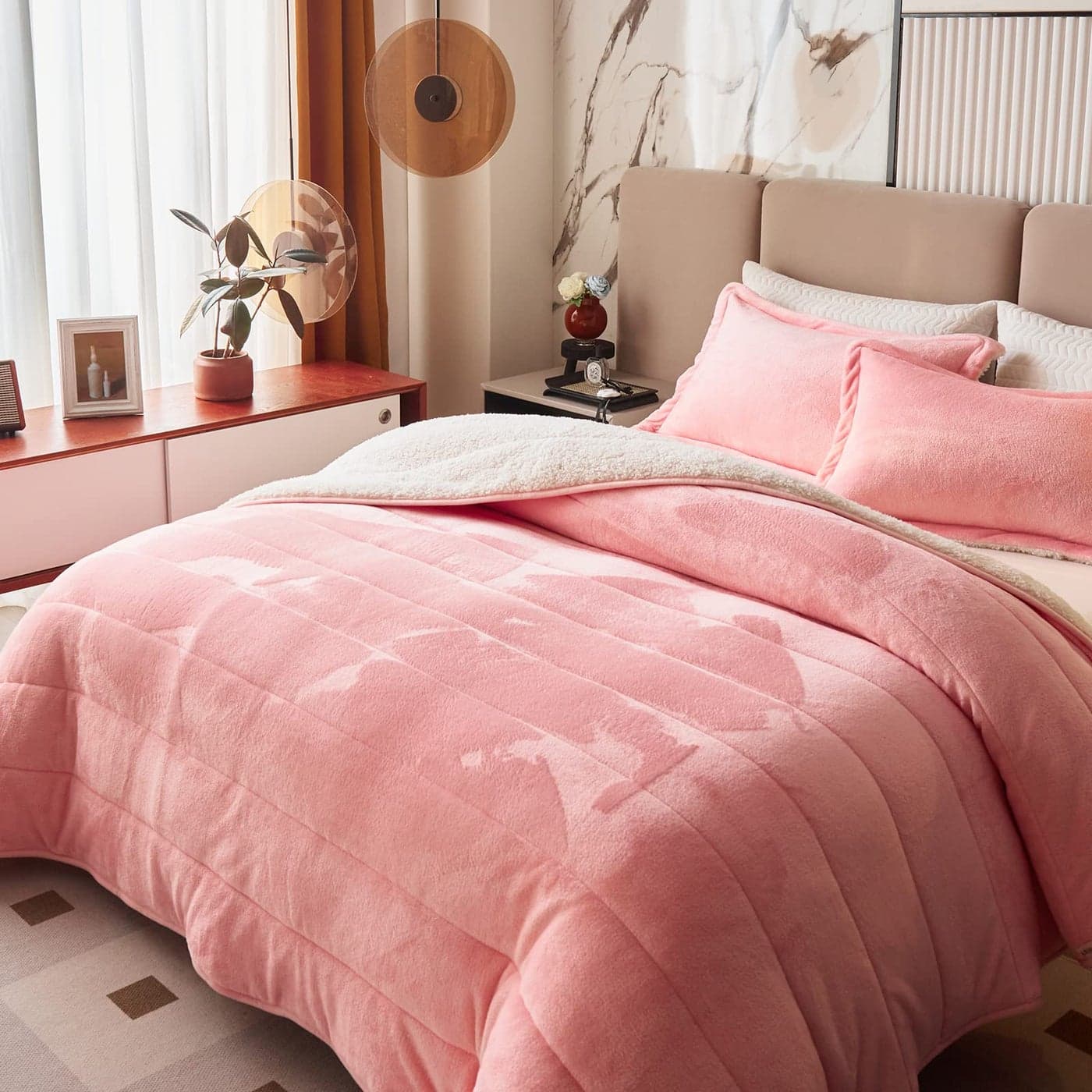 3Layer Luxury Flannel Fleece Thick Bed Blanket Twin Size Blush Pink for Girls Soft Plush Velvet Sherpa Blanket with 2 Pillow Shams Heavy Warm for Winter Breathable n Washable Pink