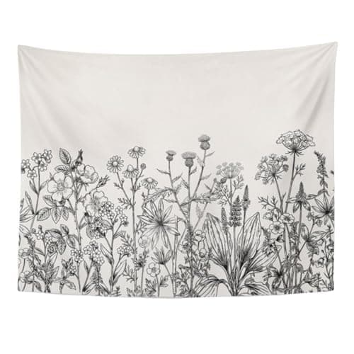 Emvency Tapestry Floral Border Herbs and Wild Flowers Botanical Engraving Style Black and White Home Decor Wall Hanging 50" x 60" Inches Print for Living Room Bedroom Dorm