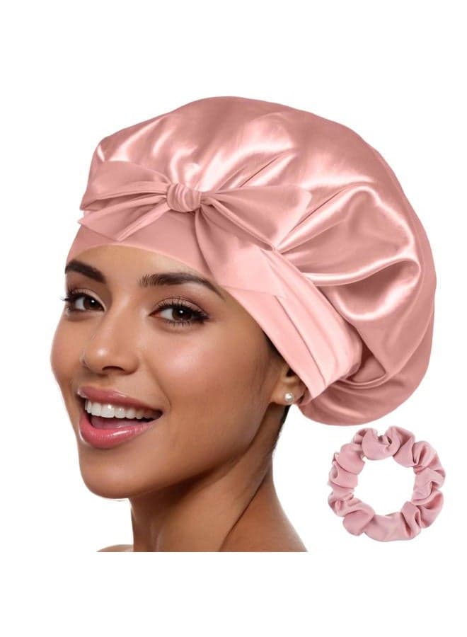Silk Bonnet 100% Mulberry Silk Sleep Cap Breathable & Adjustable Sleeping Caps Silk Hair Wrap Women Night Cap for Curly Hair (Pink)