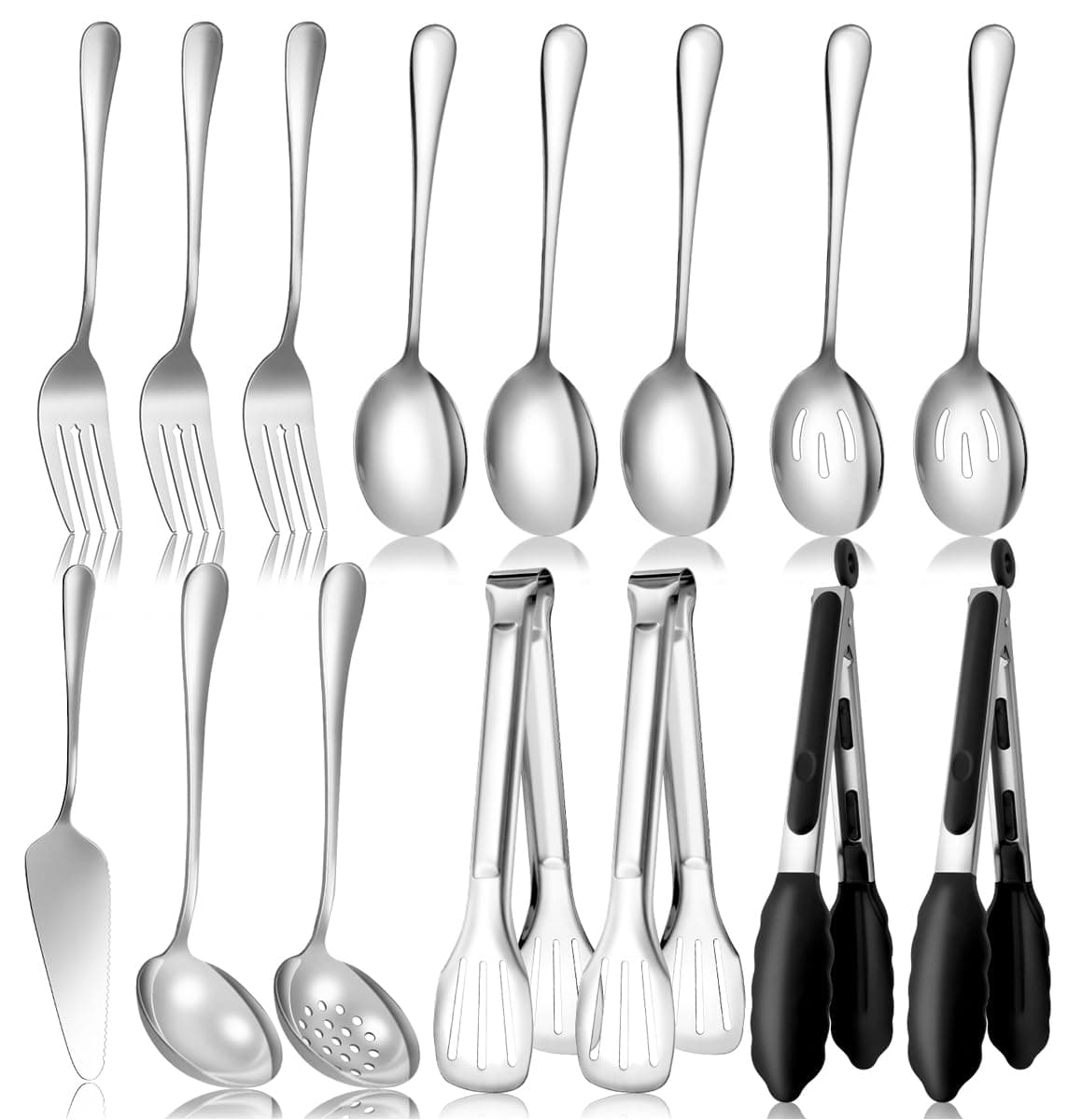 Serving Utensils Set for Partie Silver Stainless Steel Metal Serveware Large Serving Spoons Slotted Spoons Forks Tongs Soup and Skimmer Spoon Cake Server for Buffet Catering Entertaining 15pcs