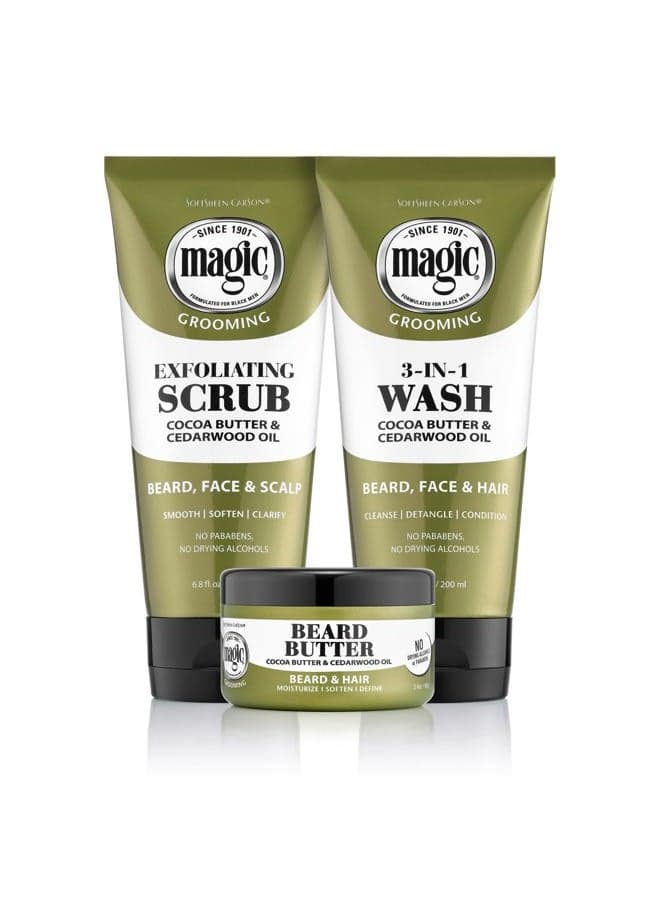 Softsheen-Carson Magic Shaving Beard Grooming Kit for Men with Cedarwood Oil, Includes Beard Butter, Scrub and Cleanser, Gift Set for Facial Hair Care,1 kit