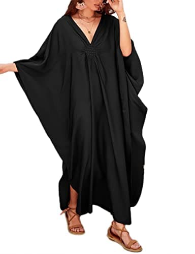 Bsubseach Women Casual Kaftan Dress Batwing Sleeve Plus Size Swimsuit Cover Up Maxi Caftan Dresses Black