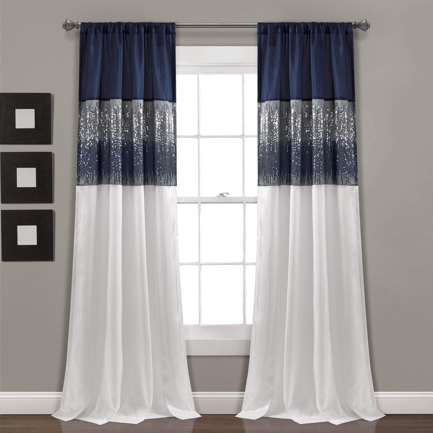 Lush Decor Night Sky Window Curtain Panel Single 42 W x 84 L Navy White Sequin Curtains Sparkle Color Block Design Modern Glam Decor Long Curtains For Bedroom Living Room