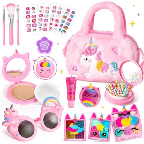 ULOVEME Kids Real Makeup Kit for Little Girls Real Non Toxic Washable Make Up Toy Umicorn Toys Gift for 3 4 5 6 7 8 9 10 12 Years Old Girls Birthday Pink Umicorn Handbag