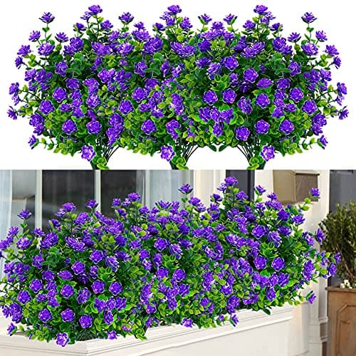 ArtBloom 6 Bundles Outdoor Artificial Flowers UV Resistant Fake Boxwood Plants, Faux Plastic Greenery for Indoor Outside Hanging Plants Garden Porch Window Box Home Wedding Farmhouse Decor (Purple)