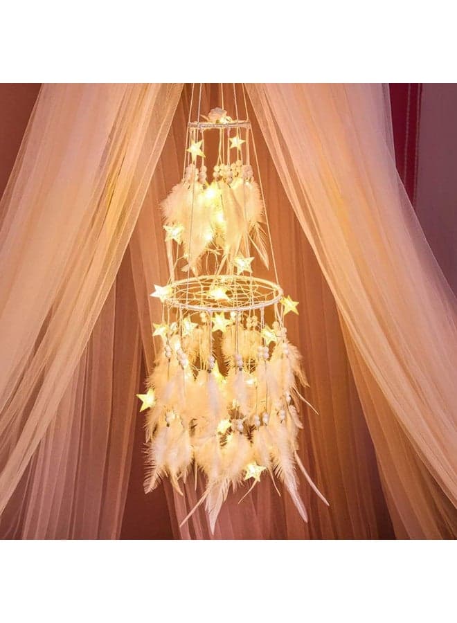 Dremisland Double Circle White Feather Dream Catcher with Mobile LED Fairy Lights Wall Hanging Ornaments Ceiling Decor for Bedroom Decor Wedding Decorations Boho Chic Party Nursery Decor