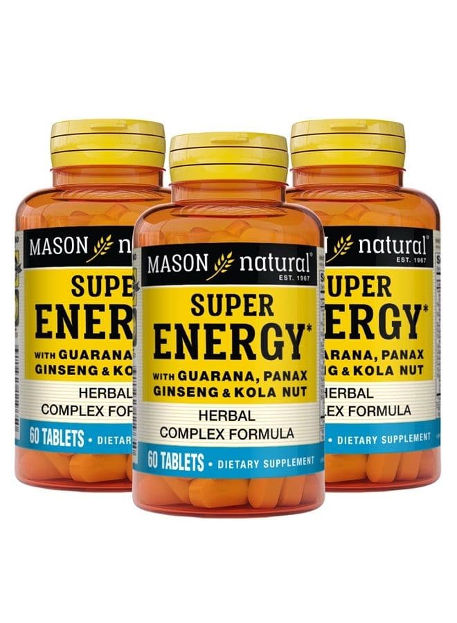 Super Energy with Guarana, Panax Ginseng & Kola Nut - Herbal Complex Formula to Support Optimal Performance & Energy*, 60 Tablets (Pack of 3)