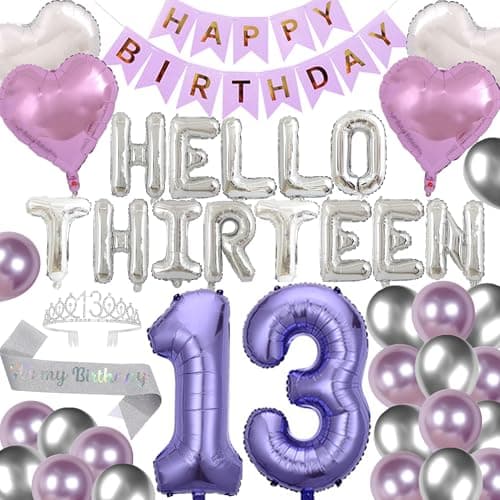 13th Birthday Party Decorations Hello Thirteen Birthday Party Balloons Silver 13th Birthday Tiara Sash Happy Birthday Banner for 13 Year Old Girls Birthday Party Supplies Purple