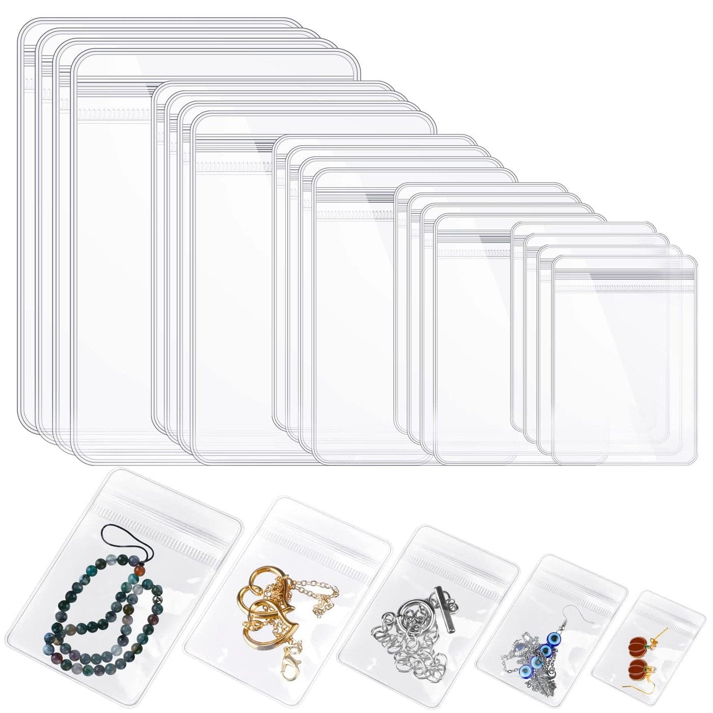 Spakon 160 Pcs Clear PVC Jewelry Bags Plastic Transparent Jewelry Pouches Rings Earrings Storage Bags Anti Tarnish Lock Plastic Small Zipper for Holding Jewelries(5 Sizes)
