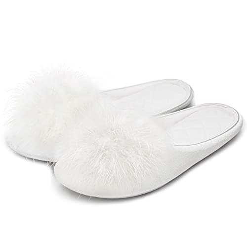 GRITHEIM Women's Fuzzy Pom Pom Feather Velvet House Slippers Sexy Cozy Bedroom Slippers for Ladies Non-slip Sole Indoor Outdoor White 9-10