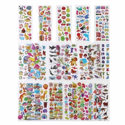 24 Sheets 3D Puffy Stickers for Kids Toddlers Bulk Small Children Party Bag Sticker Variety Pack for Preschool Teacher Boy Girl Rewards Crafts Scrapbooking Gifts Dinosaur Animal Car Flower Heart