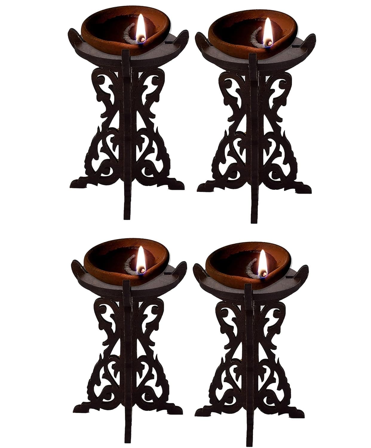 LAKSHMINARAYAN SALES Hand Crafted Unique Beautiful Wooden Diya StandCandle HolderDiwa Stand for Home Temple Pooja Room Festival Decoration Item Brown Pack of 4