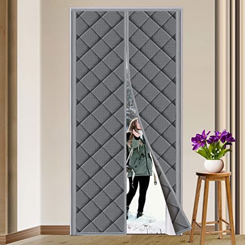 Magnetic Thermal Insulated Door Curtain Fits Door Size 32" x 80" Thicken Nylon Cotton Temporary Magnet Closure Thermal Door Cover Size W34 x L81 inch Weatherproof Windproof Soundproof, Grey