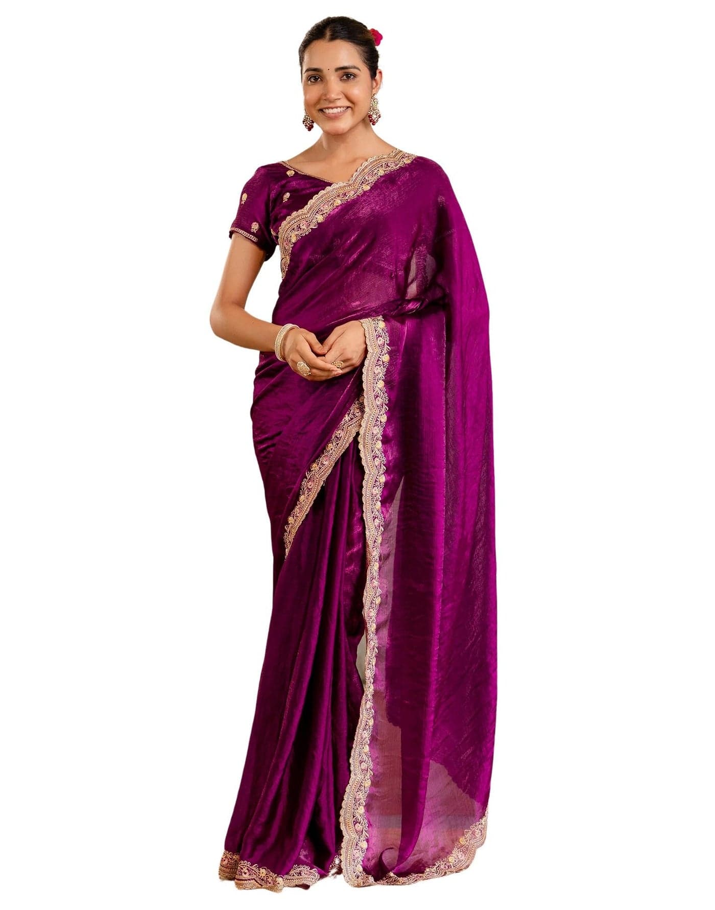 SIRIL Women's Shimmer Chiffon Embroidery And Scalloped Border Saree With Unstitched Blouse (4632S793_Purple)