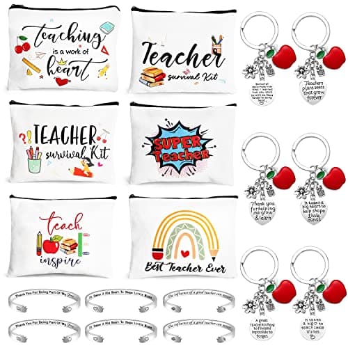 UAREHIBY 18 PCS Teacher Appreciation Gifts in Bulk,6 Styles Makeup Bags for Women,Teacher's Day Keychain,Thank You Teacher Christmas Gifts with Bracelet,Graduation Gift for teacher