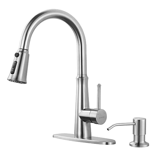 WOWOW Kitchen Faucet with SprayerBrushed Nickel Single Handle High Arc Stainless Steel Kitchen Faucet Tap with Pull Down Sprayer for 2 or 4 HolePull Out Faucet with Deck Plate 3 Functions