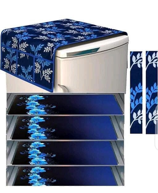 FRC DECOR STOREUP Double Door Or Single Door Fridge Cover | Fridge Combo Set Of 1 Fridge Top Cover, 2 Handle Covers And 4 Fridge Mats | Refrigerator Cover | Multi Colour (Blue Leaf)