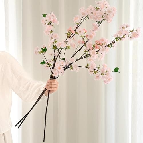 Senjie Artificial Cherry Blossom Branches Fake Flowers Bouquet with Real Touch Long Stems Faux Silk Flowers for Vases Wedding Party Table Centerpieces Spring Home Decor 3PCS Vase Not Included