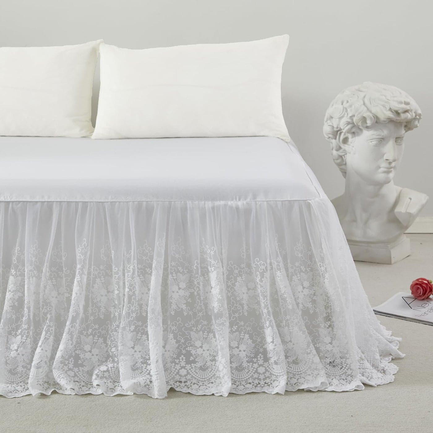 Brandream Lace Bed Skirt Queen Size Cream White 18 Inch Drop Romantic Dust Ruffle Split Corners Bed Sheets Cover Excellent Quality
