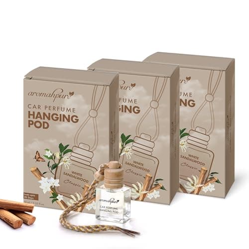 Aromahpure Premium Car Perfume Hanging Pod |10 ML | Mysore Sandal Car Air Freshener | Natural Essential Fragrance Oils in Glass Bottle with Wooden Diffuser Lid | Last Upto 30 Days Pack of 3
