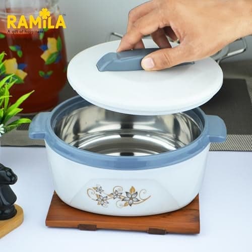 1500ml Ramila Brand Insulated Inner Steel Casserole for Roti, White | Hot Pot for Home | Hot Box for Kitchen |Chapati Box | Locks in The Cold & Heat for Long | Serving Bowl with Lid -