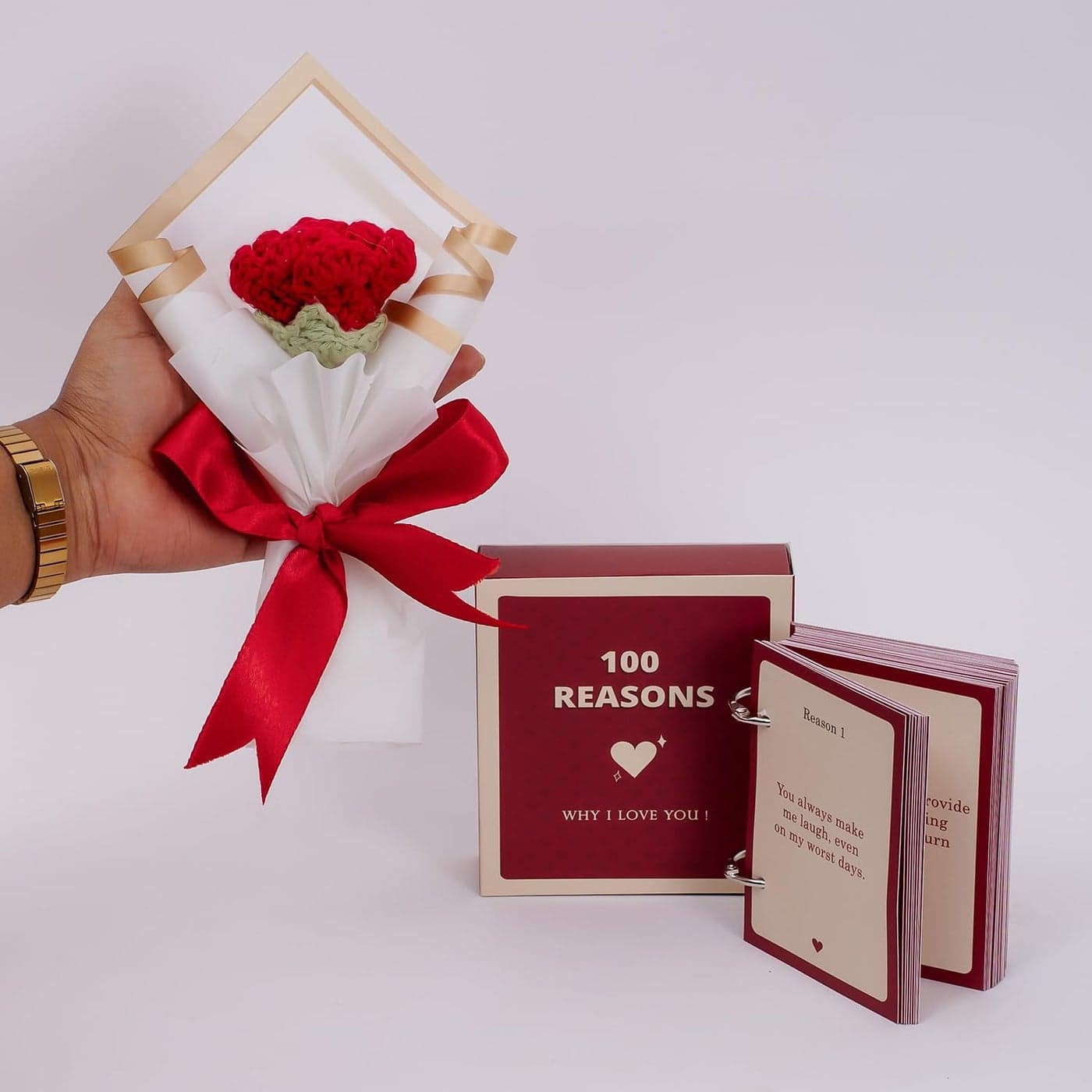 CONFETTI GIFTS Valentines Day Gift Hamper Pack of 2 Items 100 Reasons Why I love you cards Rose Crochet Bouquet Valentine Gift for Girlfriend Boyfriend