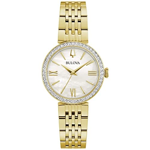 Bulova Ladies' Classic Gold Tone Stainless Steel 3-Hand Quartz Watch, Crystal Accents and White Mother-of-Pearl Style: 98L276