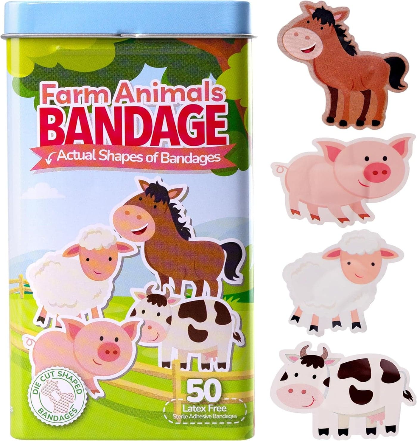 BioSwiss Bandages Farm Animal Shaped Self Adhesive Bandage Latex Free Sterile Wound Care Fun First Aid Kit Supplies for Kids 50 Count