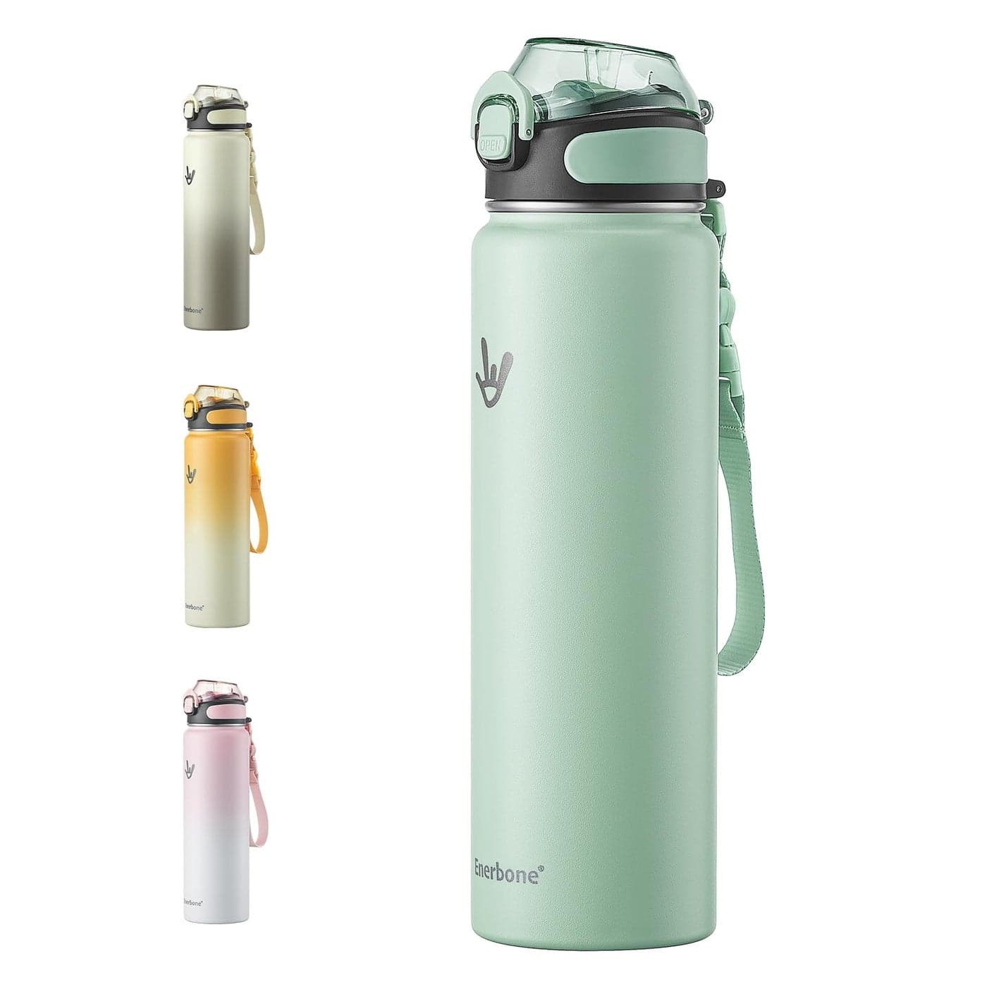Enerbone 32 oz Insulated Water Bottle Stainless Steel Bottle with Carrying Strap DoubleWall Vacuum Insulation Design Leakproof Sports Bottle with Straw Keep Drinks Cold or Hot for Hours