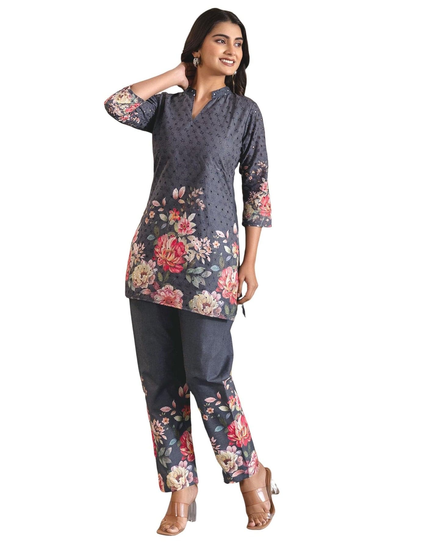 SIRIL Women's Schiffli Printed Co ord Set, Cord Set for Women Cotton, Co ord Set for Women Stylish (757CTK795-S_Grey)