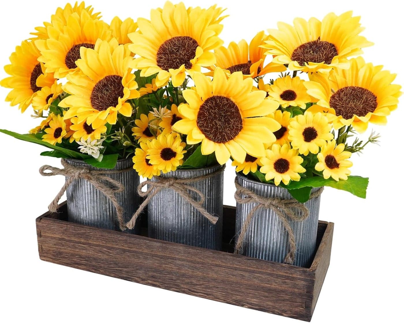 Winlyn Set of 3 Artificial Sunflowers Metal Pot Centerpiece Farmhouse Sunflowers Floral Arrangements with Rectangle Wooden Planter 11 for Rustic Wedding Spring Summer Home Kitchen Table Shelf Dcor