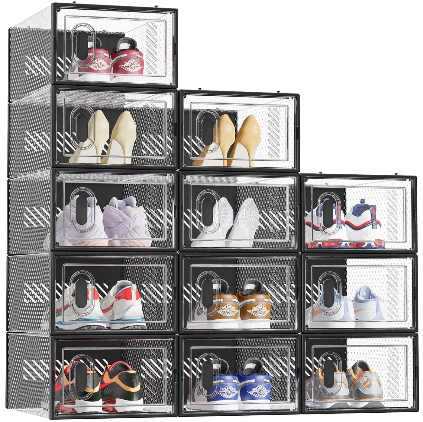 SIMPDIY Shoe Storage 12 Pack Shoe Organizer for Closet Shoe Boxes Clear Plastic Stackable Shoe Containers with Lids for Size 10 Black