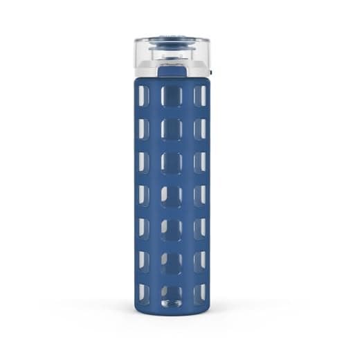 Ello Syndicate 20oz Reusable Glass Water Bottle with One-Touch Leak Proof Flip Lid and Protective Non-Slip Silicone Sleeve and Carry Loop for Coffee, Tea and Water, BPA-free Dishwasher Safe, Bold Blue